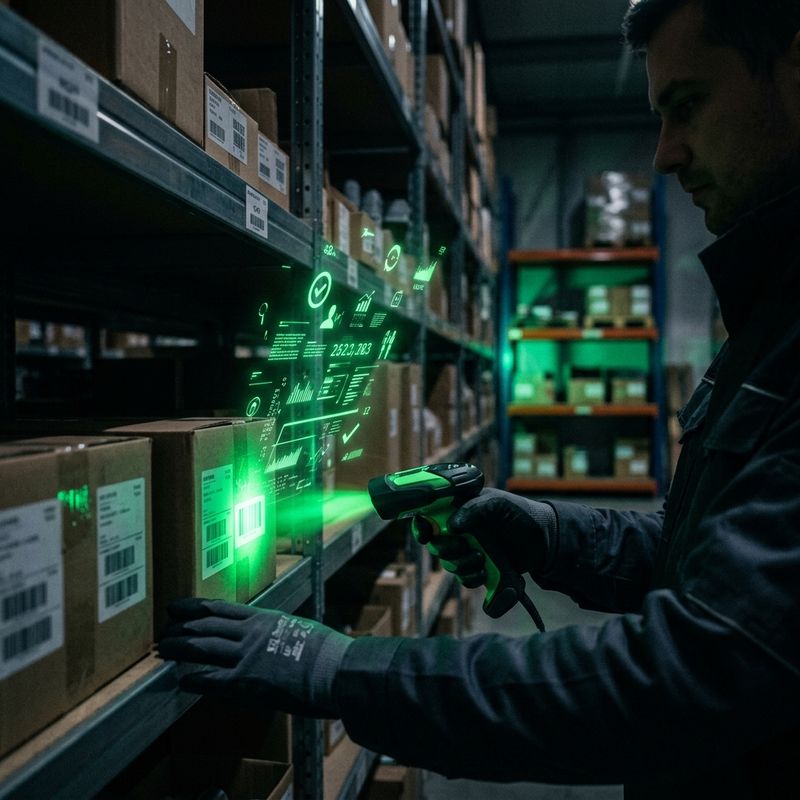 Operador escaneando cajas etiquetadas con código de barras en un almacén de PyME