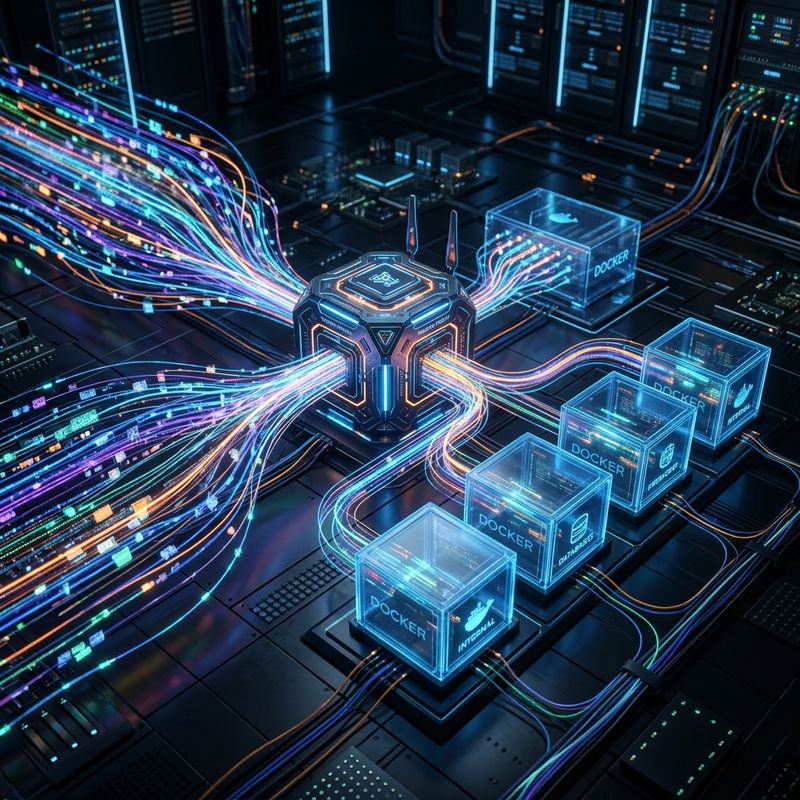Ilustración de Traefik como reverse proxy enrutando tráfico a contenedores Docker